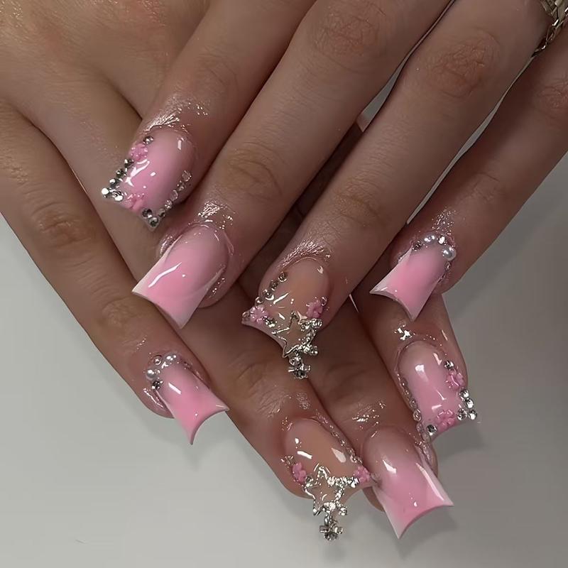 Elegant 24-Piece Medium Duckbill Shaped Fake Nails Set, Glossy Light Ombre with Chain and Rhinestone Decoration, Easy to Apply for Girls and Women