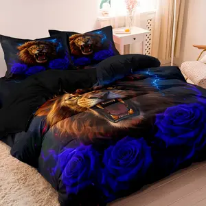 3pcs Set Duvet Bedding Set Fierce Lion Blue Rose Print Duvet Cover Set, Suitable For Bedroom Hotel Inn School Dormitory Can Be Used As Holiday Gifts (1*Duvet Cover + 2 Pillowcases, No Comforter, No Pillow)