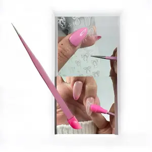 Pink Tweezer Tool w/ Silicone Pusher for Applying Nail Art Stickers Lightweight nail air tool