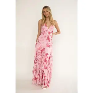Astrid Sleeveless Open Back Tie Floral Print Maxi Dress Pink