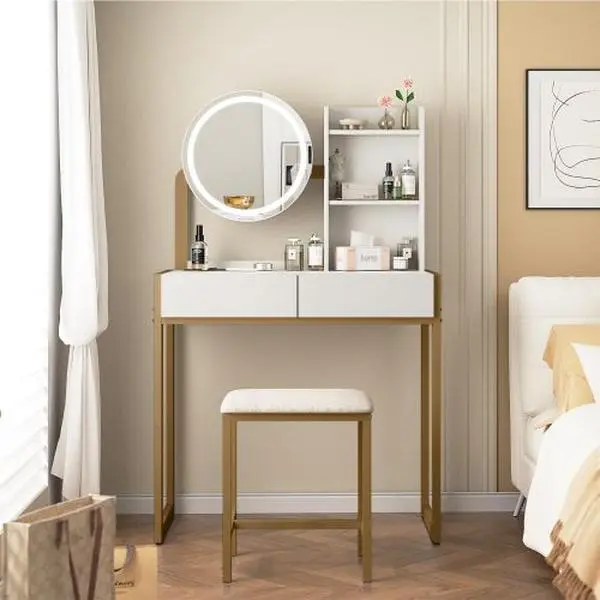 Bellemave Foldable Modern Makeup Vanity Furniture - Small Desk with LED Mirror (3 Lighting Modes), Power Outlet, Drawer, Open Shelves & Cushioned Stool for Bedroom Jewelry, Cosmetics Storage & Organization