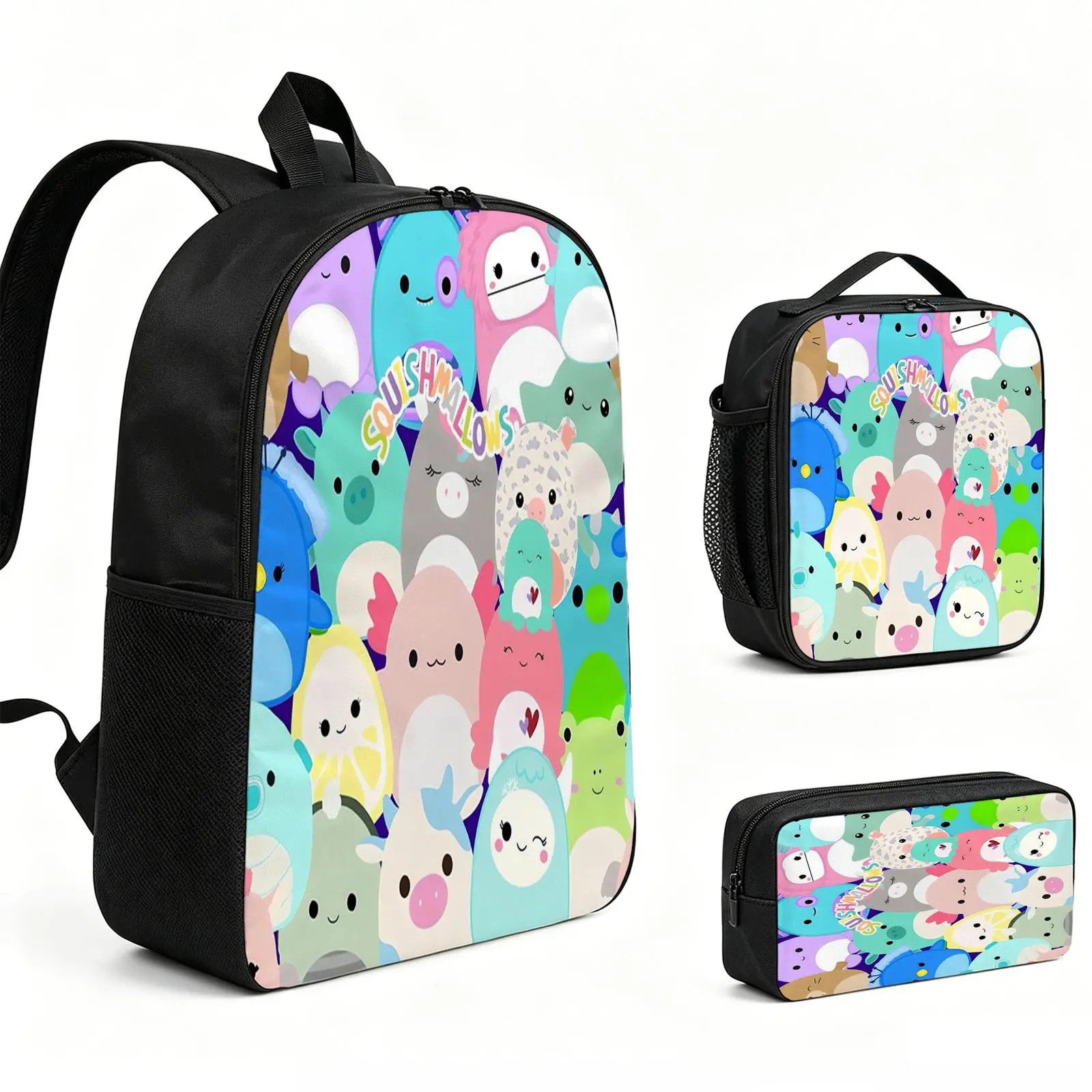 Squishmallows Backpack 3pcs Set with Vibrant Print, Durable School Bookbag with Insulated Lunch Tote and Pencil Bag for Teens Boys Girls, Multi-Functional Laptop Travel Daypack Gift for Kids L-158