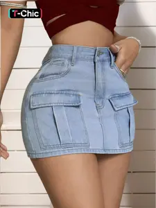 Women's Pocket Button Cotton Denim Skirt, Fashion Casual High Waist Fitted Mini Skirt, Ladies Bottoms for Daily Wear, Skirt for Women, Back To School Outfits, Denim Skirts for Women, Summer Outfits 2024