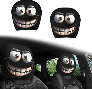 2pcs Set of Funny Big-Eyed Grinning Cartoon Print Car Seat Headrest Covers, Universal Fit for Long Road Trips & Daily Commutes – Perfect for Halloween/Christmas Holiday Decor, Funny Design, Car Interior Decor