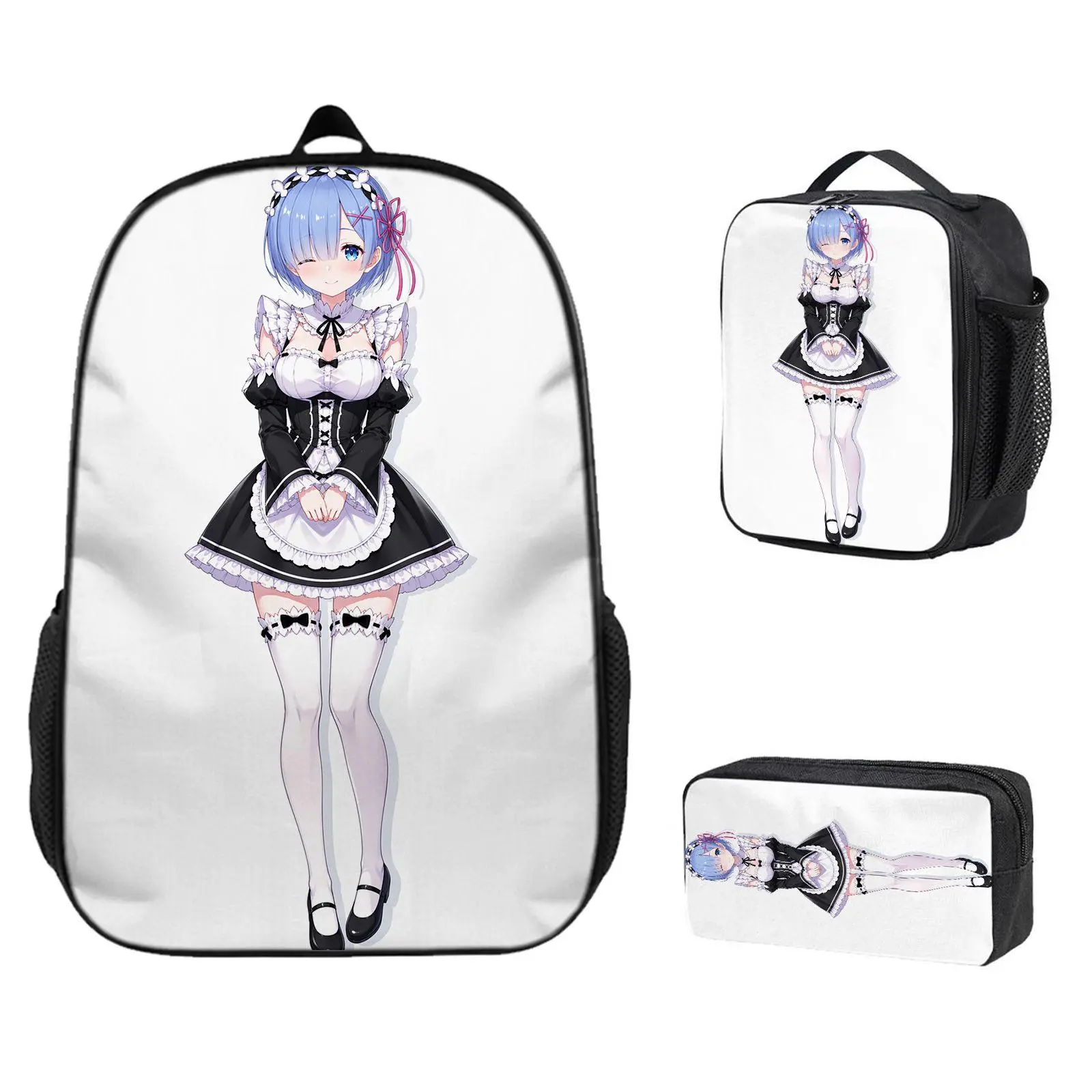 3-Piece Lightweight Casual Backpack Set - Insulated Meal Bag, Pencil Case,Anime Maid, Blue Hair Girl, Black White Dress, Winking Pose, Long StockingsAnime gifts, children will definitely love high-quality backpacks