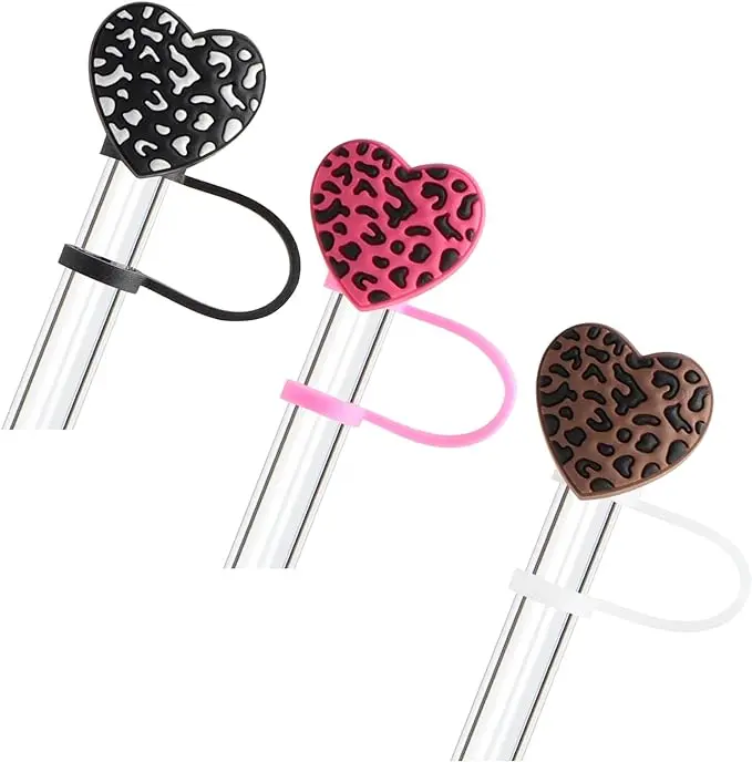 3Pcs Leopard Print Heart Silicone Straw Cover Cap for Stanley 40oz & 30oz Tumbler, 10mm Reusable Cute Drinking Straw Topper Accessories Drinkware Cup