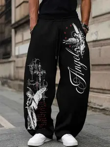 Men's Gothic Angel Print Loose Sweatpants, Geometric Pattern, Fitted Style, Drawstring Waist, Casual Fall & Winter Wear, Casual Streetwear Trousers