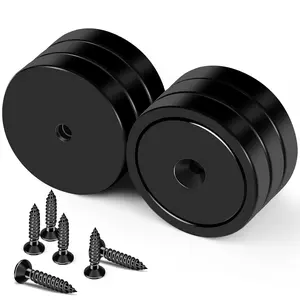 150lb+ Waterproof Neodymium Cup Magnets with Screws for Wall Mounting, Rare Earth Round Base Disc with Holes for Holding Tools, Lifting, (Black, 6 Pack)
