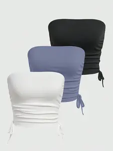 Women's Solid Ruched Drawstring Crop Tube Top, Casual Fit Backless Sleeveless Top for Summer, White Tube Top, Ladies Clothes for Daily Wear, Womenswear