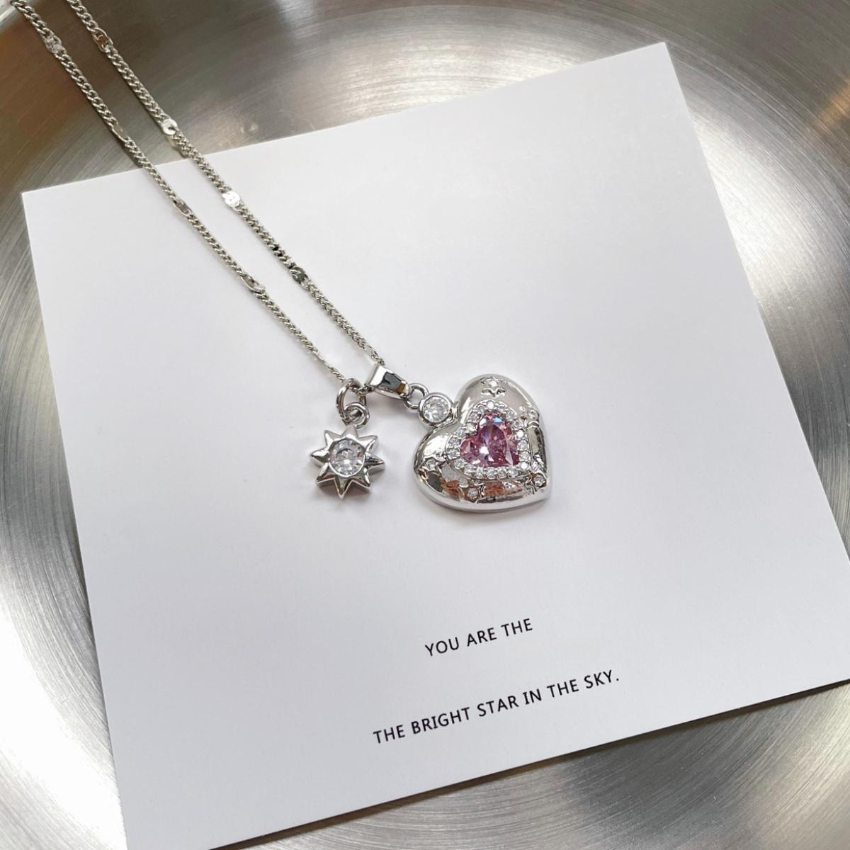 Cute Puffy Heart Sparkle Pendant Necklace, Dainty Pink Charm Detail, Elegant Feminine Statement Jewelry, Stackable Everyday Accessory, Perfect Gift for Fashion Lovers