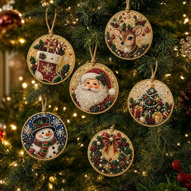 6PCS Christmas Wooden Ornaments DIY Pearl Diamond Art Kit