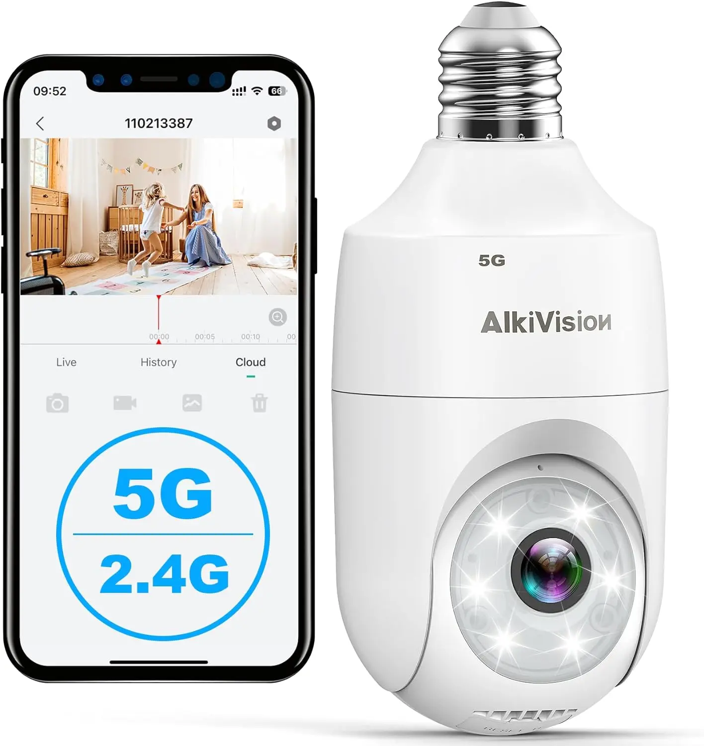 2K Light Bulb Security Camera - 5G&2.4GHz Dual Bands 360° Motion Detection Cameras for Home Security, Full-Color Night Vision, Auto Tracking, Siren Alarm, 24/7 Recording