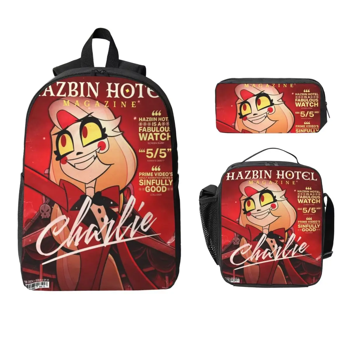 3Pcs Hazbin Theme Printed Front Oxford Fabric Backpack Set, Minimalist Multifunctional School Bundle for Students with Lunch Box, Pen Bag, Daypack, School Daily