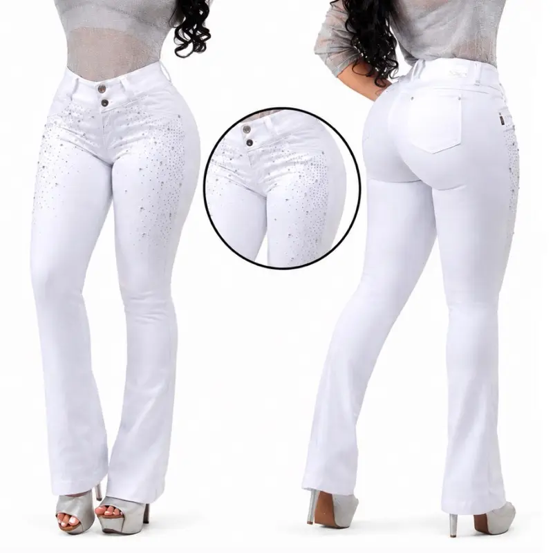 B72-91 Premium Colombian Butt-Lifting Flare Jeans with Pearl & Rhinestone Embellishments