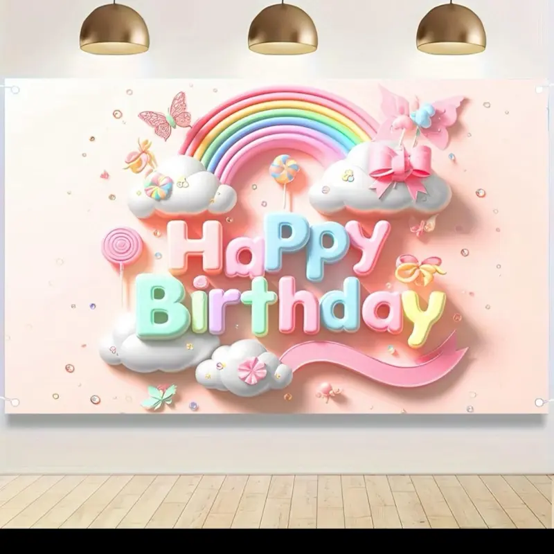 Blissyard Rainbow Clouds & Butterfly Lollipop Birthday Banner 71x43 Inch Lightweight Polyester Pastel Rainbow Design for Indoor Outdoor Party Decorations Colorful Backdrop