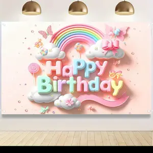 Blissyard Rainbow Clouds & Butterfly Lollipop Birthday Banner 71x43 Inch Lightweight Polyester Pastel Rainbow Design for Indoor Outdoor Party Decorations Colorful Backdrop