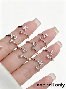 Adjustable Initial Letter Ring, Adjustable Initial Rings, 26 A-Z Letters Available, Zircon Accent, Open Cuff Design, Jewelry Gift, Perfect for Birthdays, Mother’s Day, Valentine’s Day, Anniversaries, Customized Statement Ring for Women & Teens