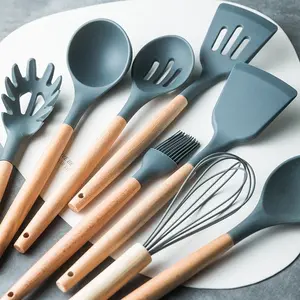 Heat Resistant Silicone Kitchen Utensils Set, Wooden Handle, Durable Multi-Functional Design, Home Cooking Essentials, Light