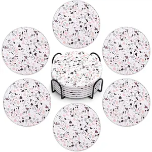 Drink Coasters with Holder, Set of 6, Terrazzo , Ceramic, Round, 4 Inches