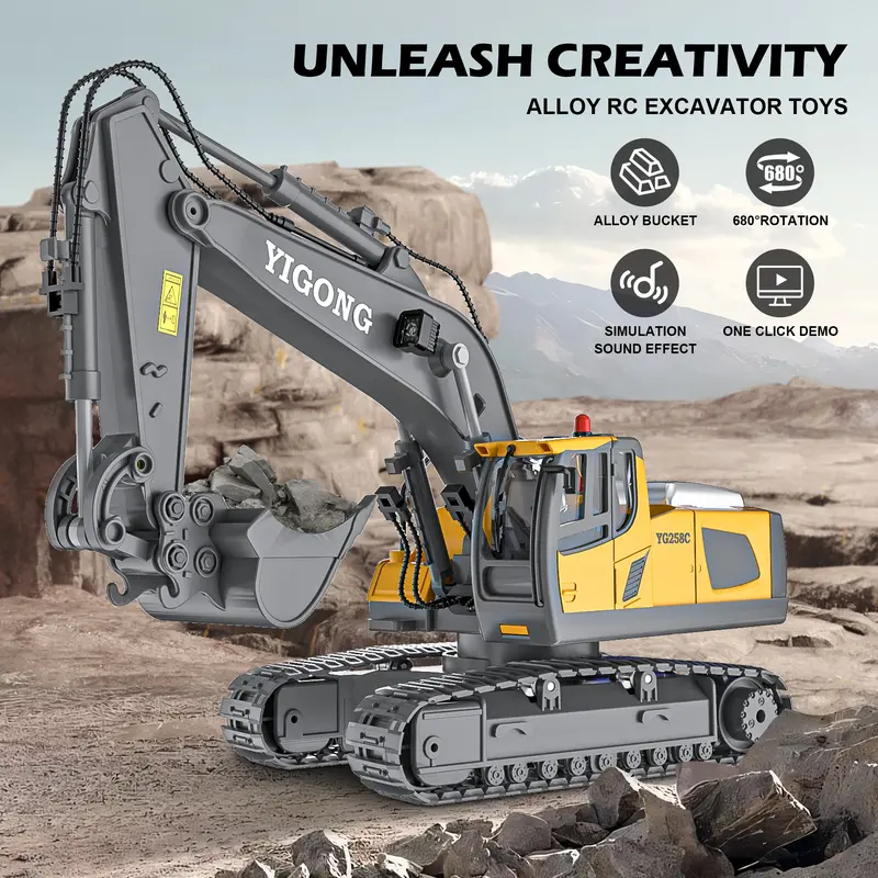 【Gift w/ Personal Touch】Akeleo Hot-Selling Remote-Controlled Excavator Construction Vehicle Set with 9 Channels Rechargeable Batteries Sound & Lighting Effects Birthday Gift for Kids 2.4Ghz Flexible Remote Control Outdoor Toys Fun Play