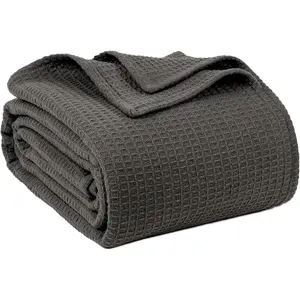 100% Cotton Blankets for Bed Waffle Weave Blanket for Summer Lightweight Breathable Soft Woven Blanket for Spring Dark Grey Queen 90" x 90"