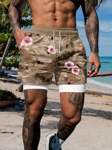Men's Summer Polyester Double-Layer Beach Shorts, Desert Camo Hibiscus Palm Print, Quick-Dry, Loose Fit, Casual Streetwear