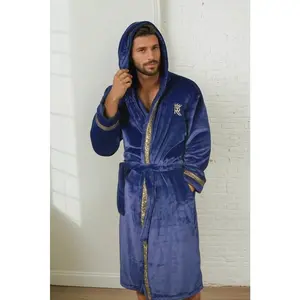 Blue Hooded Royalty Robe ~ Soft Fleece Mens Bathrobe with Hood and Gold Greek Key Trim~ Casual Mens Loungewear