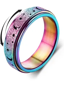 Anxiety Rings Spinner Rings for Stress Anxiety Relief Fidget Band Rings for Women Men Stainless Steel Roller Rings Stress Rings Lucky Worry Rings Anti Anxiety Rings Moon Star Size J-R 1/2