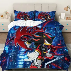 3PCS Duvet Cover Set, 1 Duvet+2 Pillowcases(Without filler), Gaming Sonic Cityscape Hero  theme, Christmas bedding set, Soft Microfiber Suitable for decoration Bedroom Dormitory Apartment Living Room.