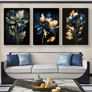Black and Blue Abstract Oil Painting 3-Piece Set for Living Room Wall Art - Modern Art Posters and Prints, Unframed Home Decoration Ornaments Artistic Photo