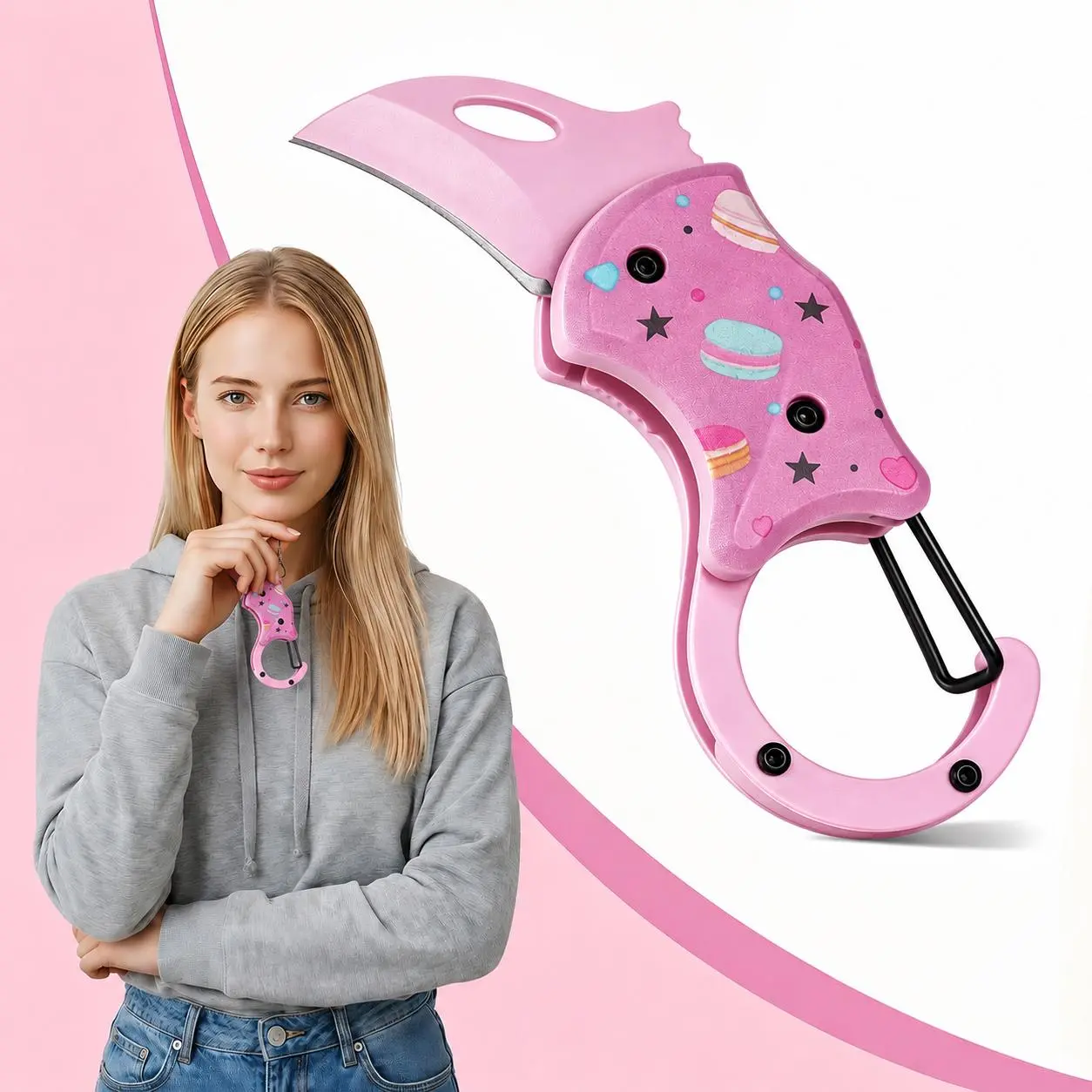 Compact Macaron Print Folding Blade Carabiner Keychain Utility Knife - 3.5cm High Hardness, 8cm/10cm Unfolding Lengths, Frost Handle, Kawaii Look, Built-in Carabiner, Folding Pocket Tool for Travel & Office Use