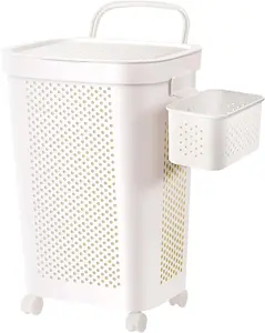 Wheeled Laundry Hamper with Lid, Suspended basket,Handle and Wheels for Easy Rolling of Clothes to and from The Laundry Room,(White)