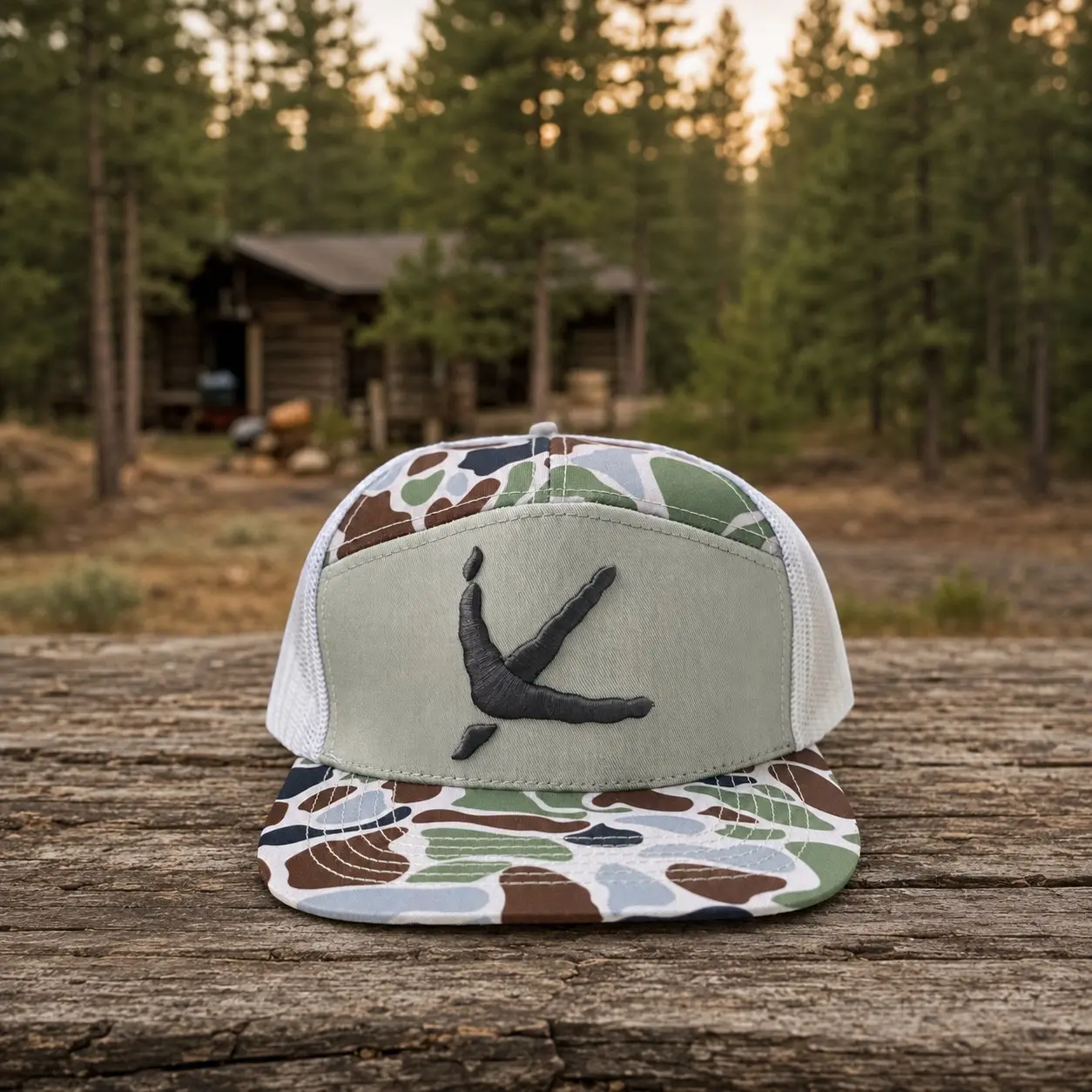 Turkey Track Camo Trucker Hat with Black Embroidery, Flat Bill White Mesh Back Adjustable Snapback Cap, Hunting Outdoor Hat for Men and Women