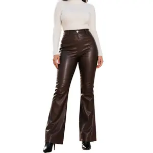 Rich Brown Faux Leather Pants - High Waist Flare Design, Stretchy for Date Night & Parties (XS-XL)