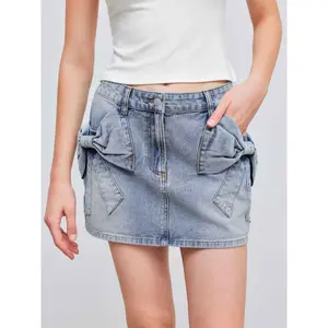 Cider [2 colors, size 0-10] Denim Low Rise Solid Bowknot Mini Skirt