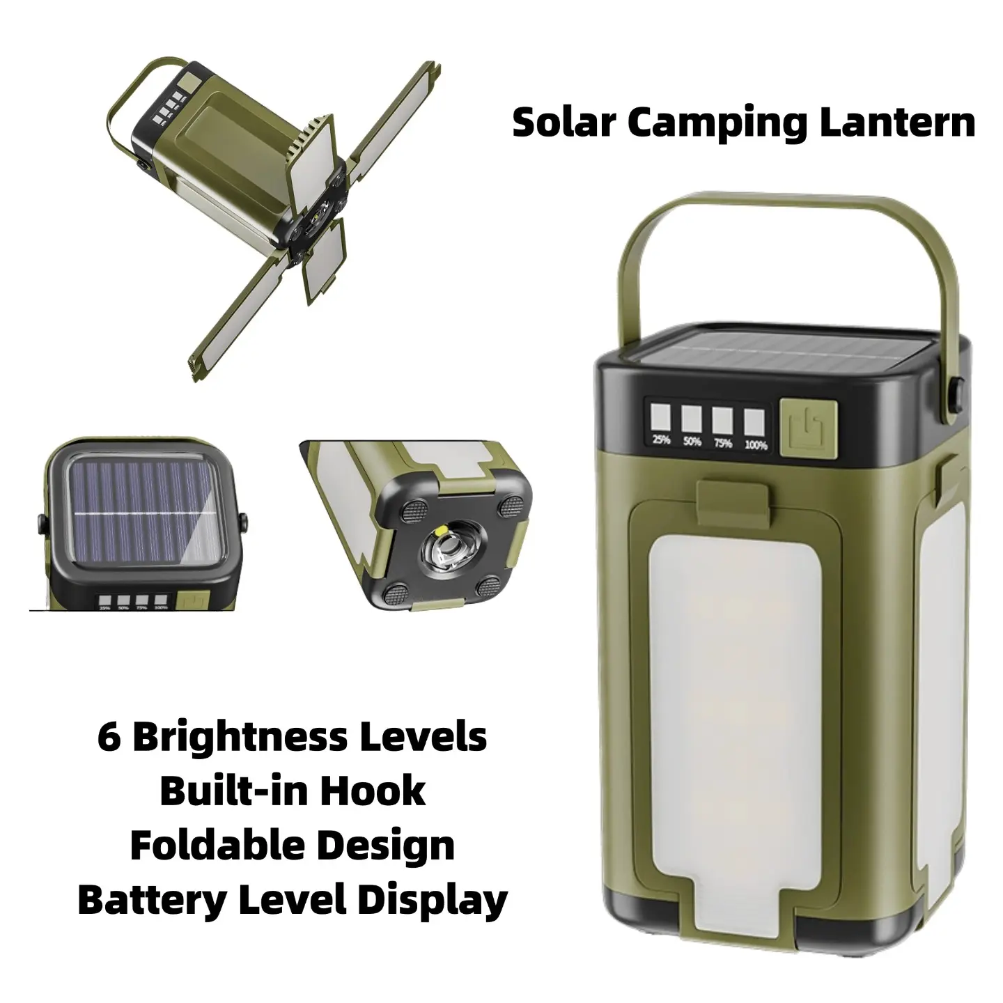 Multifunctional Solar Camping Lantern - Foldable Rechargeable LED Light, Camping Essential, Dual Solar-USB Power, Adjustable Waterproof Searchlight, Portable Tent Light, 6 Brightness Levels, Phone Charging Function, Battery Level Display,