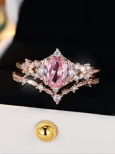2 pcs/set Vintage Luxury Egg Shape Pink Synthetic Zirconia Rose Gold Palace Pattern Women's Stacking Ring Set Ladies Wedding Rings Birthday Gift Engagement Ring Set Cubic Zirconia Rings