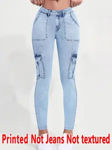 Women's Printed Tight-Fitting Pants, Non-Cowboy Fabric, Long Bottoms, Faux Cowboy Print Underwear, All Seasons Wear, Womenswear