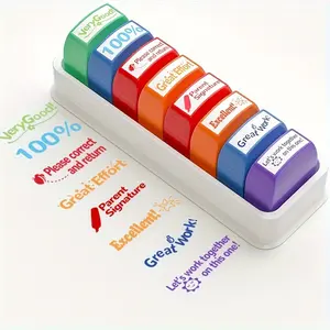 1 set of reward seals, teacher seals, automatic ink incentive color set, work grading teacher set, storage tray, suitable for school classrooms and home assistants, color seals