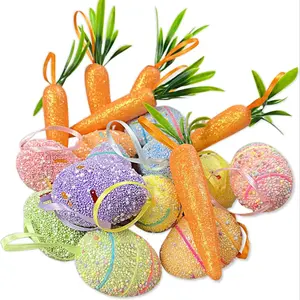 18 Piece Easter Egg Decorations and Carrot Ornaments, Colorful Foam Hanging Eggs, Glitter Artificial Carrots, Home Party DIY Crafts