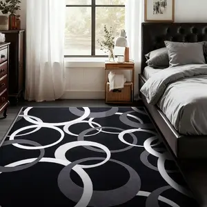 Modern Abstract Interlocking Circle Geometric Flannel Area Rug - BlackGreyWhite Contemporary Print Soft Mat for Living Room, Non-Slip Minimalist Home Decor#AbstractInterlockingCircleRug #GeometricContemporaryMat #MinimalistHomeDecor #BlackGreyWhiteCarpet