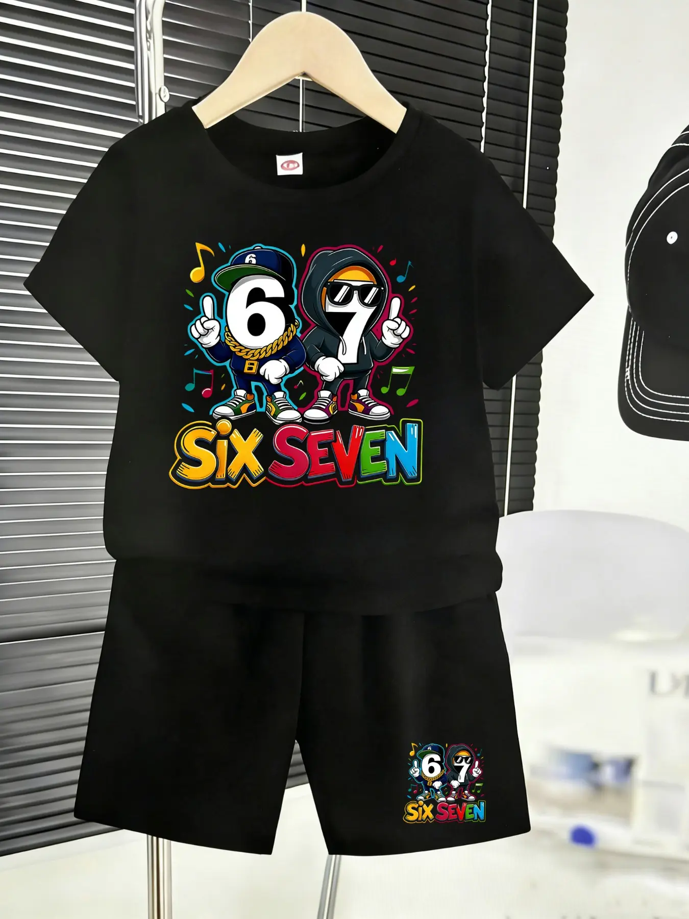 Six Seven Samurai Style! Boys' Summer Outfits Set: black tee & shorts with cool 67 musical note print, perfect for outdoor fun & travel! Graphic Print Set#67 Cartoon Kids #Summer Kids Set Tops