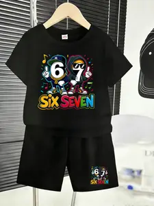 Six Seven Samurai Style! Boys' summer black tee & shorts set with cool 67 musical note print, perfect for outdoor fun & travel! Graphic Print Set#67 Cartoon Kids #Summer Kids Set Tops