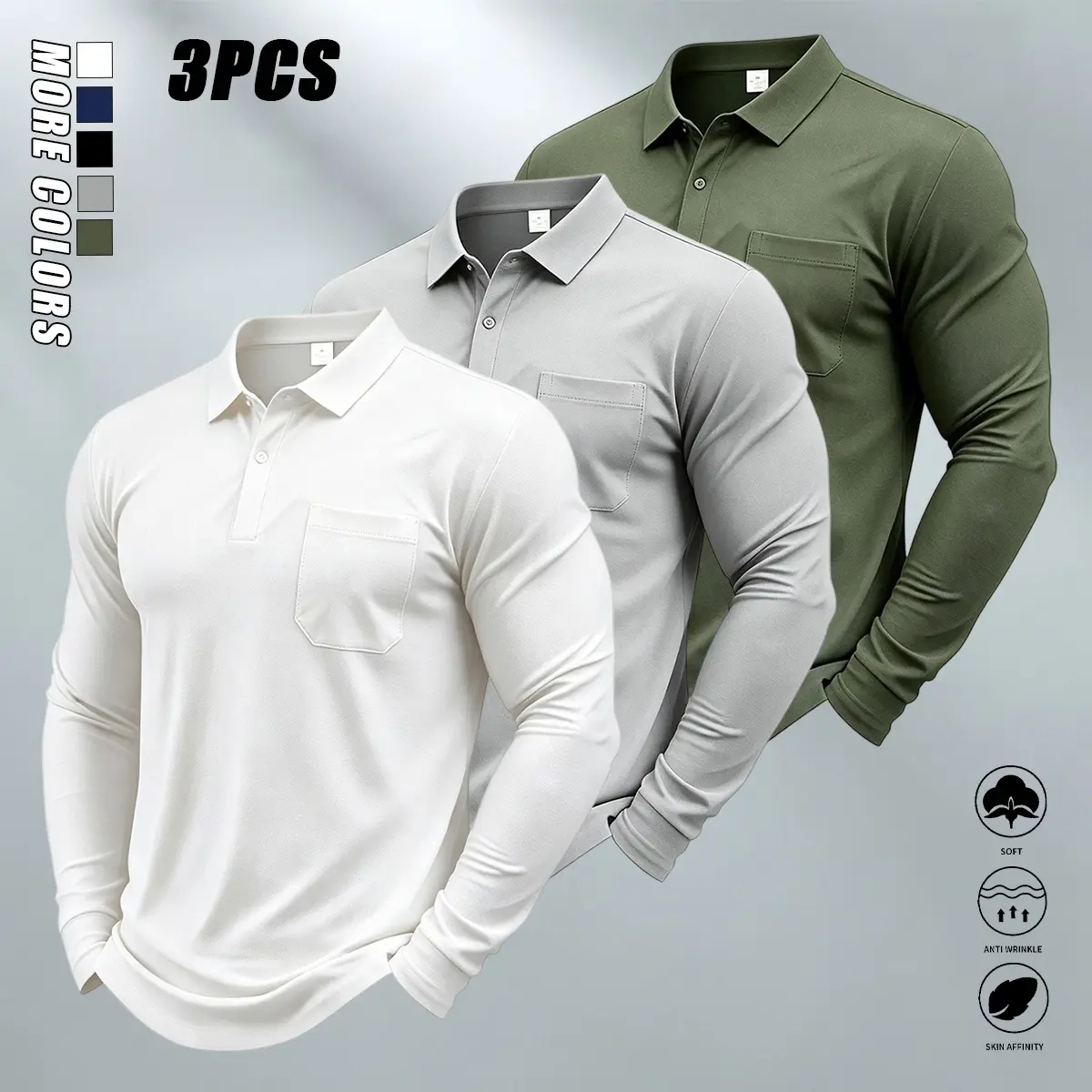 Men’s multicolor 3-piece set of soft long-sleeve business shirts – breathable, skin-friendly fabric, lightweight and comfortable, suitable for the office, meetings, travel, and casual business occasions.