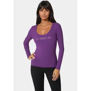 Bebe Logo Long Sleeve Scoop Neck Single Stone Rib Top