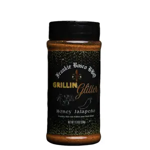 Frankie Bosco BBQ "Grillin' Glitter" Honey Jalapeno BBQ Rub - Versatile Rub for Various BBQ dishes with Honey and Jalapeno Flavor. Best spice rub flavor includes garlic powder, onion powder, salt, pepper and paprika.