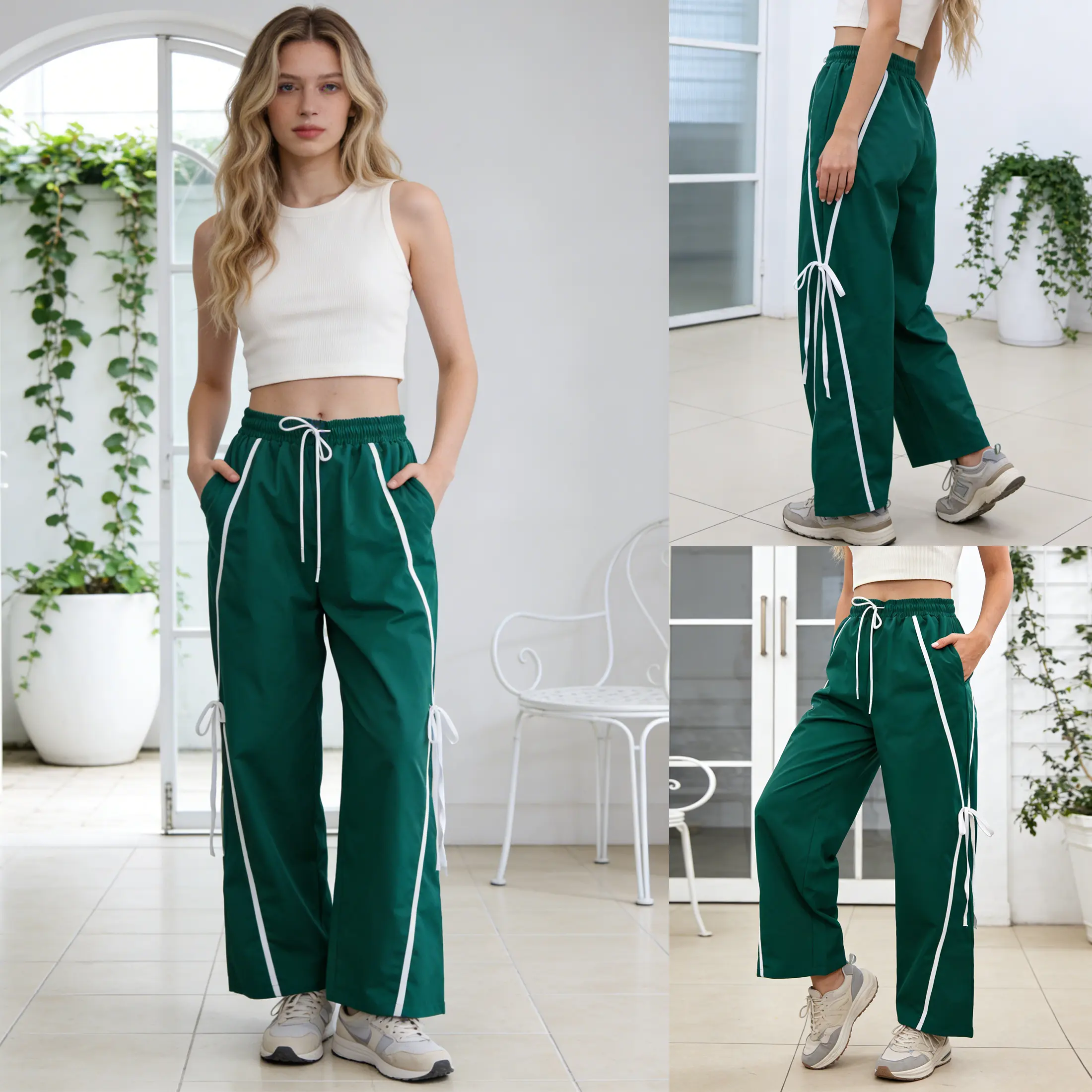Bienmorn Women’s Parachute Pants Y2K Wide-Leg Cargo Sweatpants, Drawstring Waist Jogger Pants with Pockets