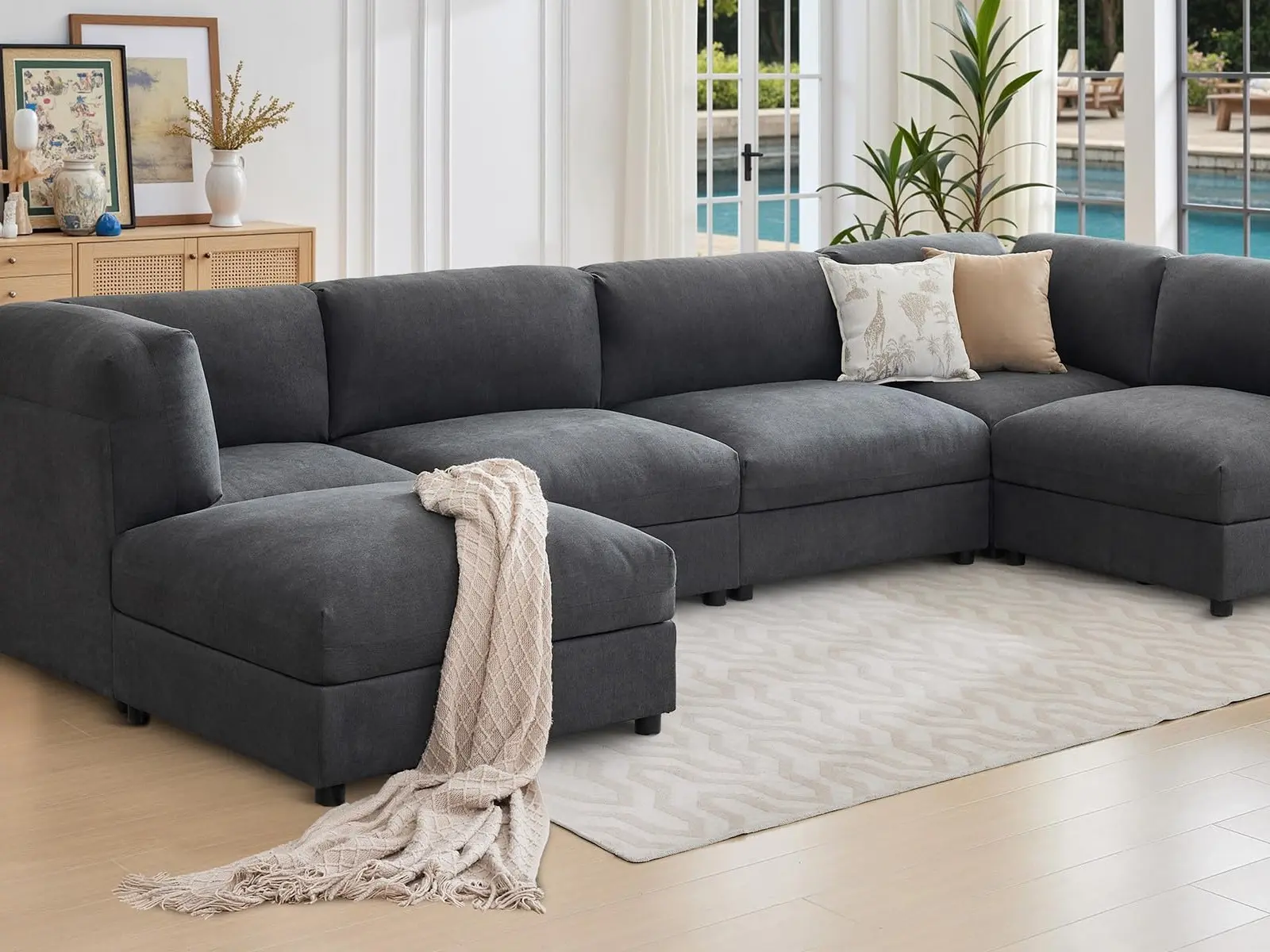 VanAcc 148" Wide U-Shaped Modular Sectional Sofa with Ottoman, Oversized Couch for Living Room, Easy Assembly, Scratch-Resistant Linen, Flexible Layout #homemakeover