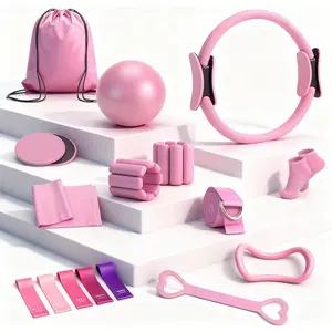 Pilates Equipment Kit for  Workouts - 18 count Set- 14'' Pilates Ring and Ball Set for Women, Pilates/Yoga Accessories Kit with Wrist Weights, Resistance Bands, Core Sliders, Yoga Strap, Socks, Bag