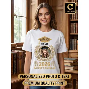 Personalized 2026 Graduation T-Shirt - Custom Photo/Name & Golden Cap Design Suitable for Party, Class Group Gift, Unisex Crew Neck Tee with Photo/Text Print, Breathable Soft Comfortable for, Year-Rou